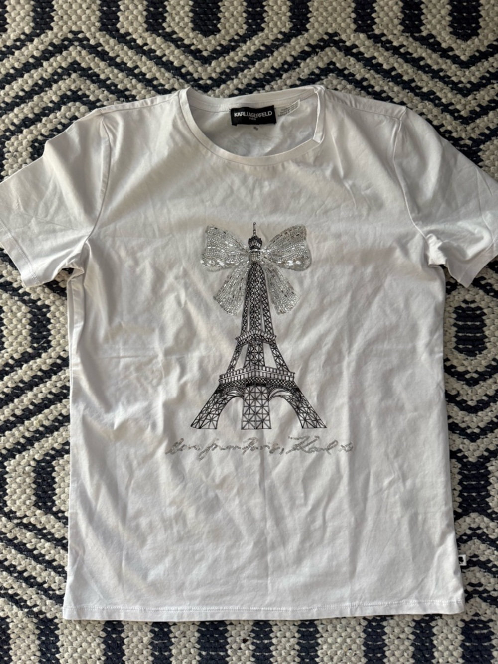 Karl Lagerfeld White Tee with Embellished Eiffel Tower Bow